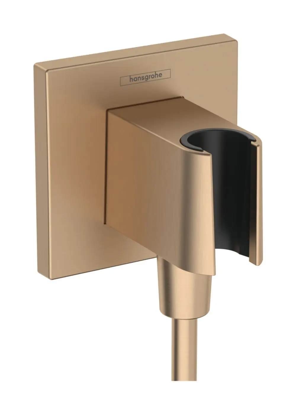 Wandanschluss mit Brausehalter in gebürstetem Bronze-Finish von Hansgrohe. Die Montage erfolgt an der Wand, mit einer runden Halterung für eine Duschbrause.